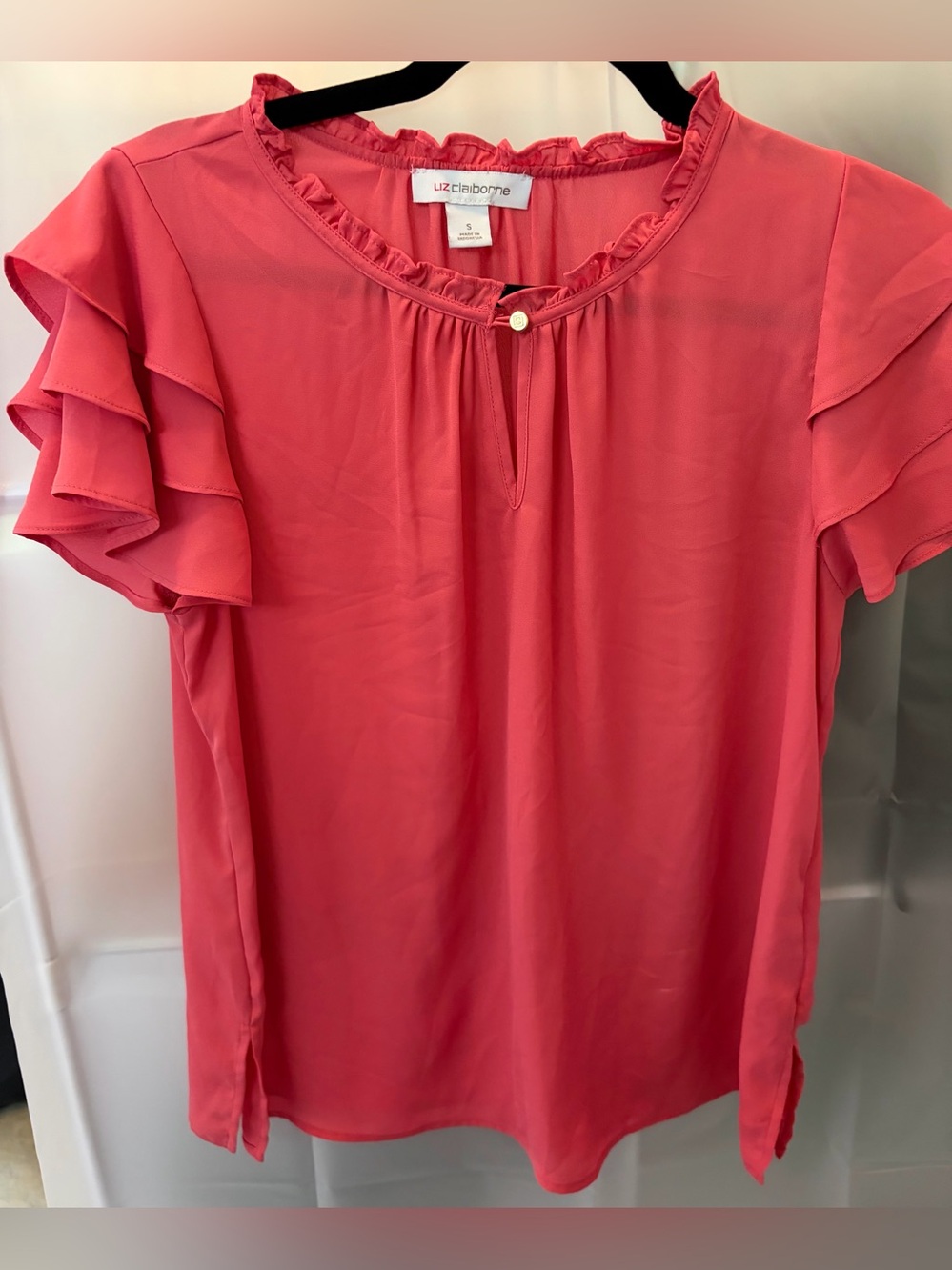 Liz Claiborne Coral Pink Ruffle-Sleeve Keyhole Blouse